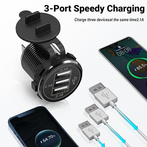 12V USB Outlet, 3 USB Charger Socket 12V/24V Car USB Charger Socket for Car Boat Marine Bus Truck Golf RV Motorcycle and More 2-Pack