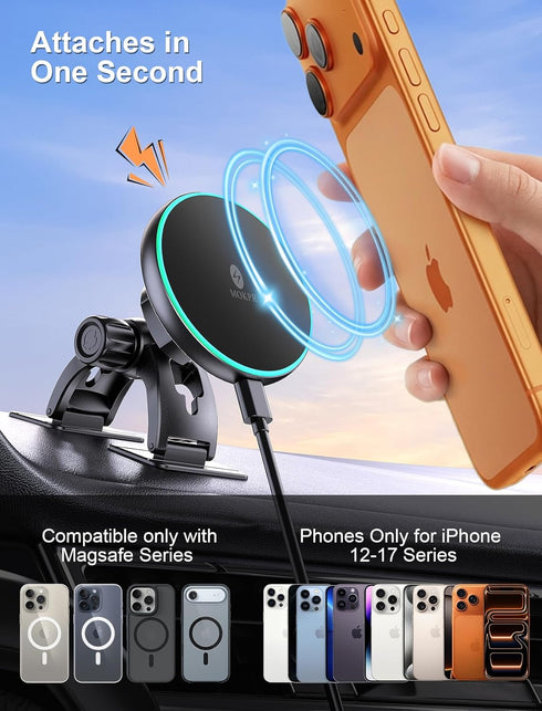 MOKPR 17/16/15/14/13/12 for iPhone Magsafe Car Mount Charger, Wireless Car Charger Magnetic Car Phone Holder for Dash