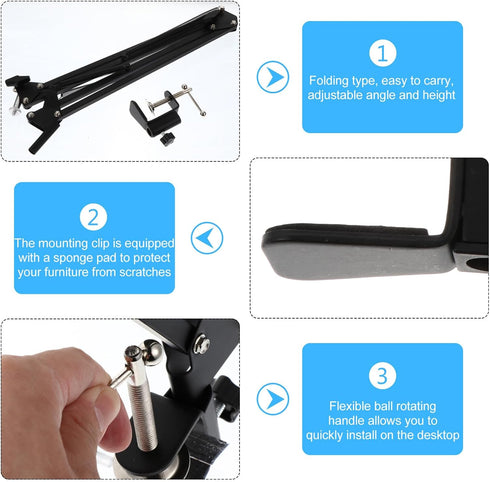 DIYEAH 1/4 Inch Metal Webcam Clamp Desktop Stand with Adjustable Scissor Arm Boom, Screw Interface, Black Suspension