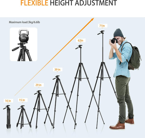 Auleda 71 6.6 LB Camera Tripod Aluminum Tall Tripod Stand Compatible with Canon Nikon with Wireless Remote Phone Holder
