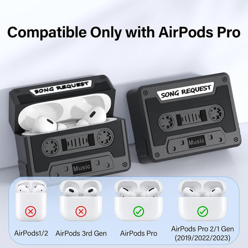 Cassette Tape Case Cover for AirPods Pro 2nd Generation, Shock Resistant, Washable, with Cleaning Kit & Lanyard