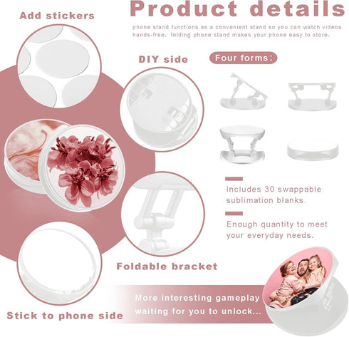 ULENDIS 30 Pieces Blank Sublimation Phone Holders Set - Collapsible Brackets with 30 Aluminum Sheets for DIY Finger