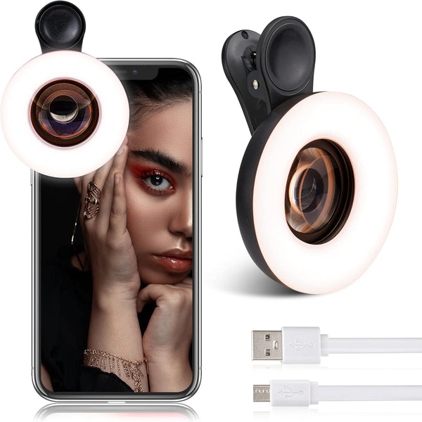 Macro Lens for iPhone and Android with Mini Clip Ring Light - Portable Rechargeable Dimming for Smartphone Photography