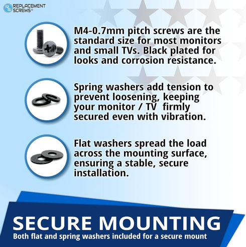 ReplacementScrews M4 10mm 75x75mm 100x100mm VESA Compatible TV/Monitor Wall Mount Screws for and Brackets. Metric