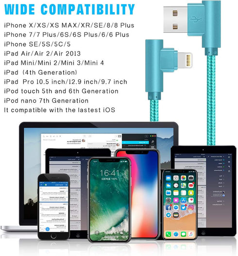 iPhone Charger 90 Degree 3 Pack 6FT Lightning Cord - Nylon Braided Fast Charging for iPhone 12/11/XS/XR.