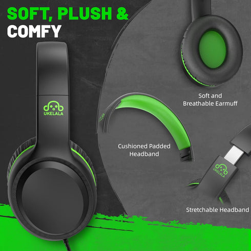 Green Wired Headphones for Boys Portable On Ear Youth Headphones for School Airplane Travel Lightweight Portable Compatible with Pad Computer Laptop for Adults Student Children Girls Kids