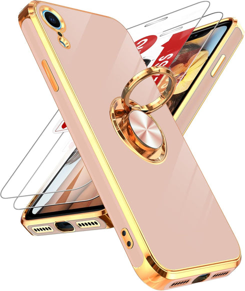 LeYi 2 Pack iPhone XR Case with Tempered Glass Screen Protector, 360° Rotatable Ring Holder and Magnetic Kickstand -