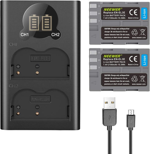 Neewer 2100 mAh Replacement Battery for Nikon EN-EL3e with Dual USB Charger, Compatible with Nikon D50 D70 D80 D90 D200