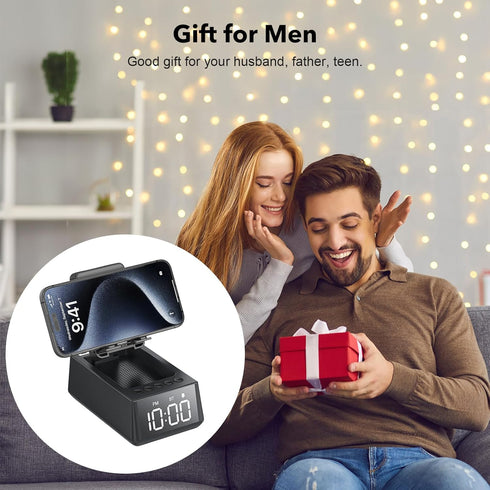 Deeyaple 3 in 1 Wireless Bluetooth Speaker with Loud Alarm Clock, Cell Phone Stand, 12H Display Mic for Men/Women Gift
