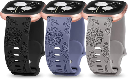 Minyee Floral Engraved Band Compatible with Fitbit Versa 2, Cute Soft Silicone Dandelion Flower Pattern Sport Strap for