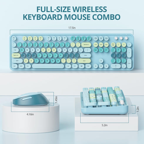 Owpkeenthy Blue Keyboard and Mouse Wireless, Cute Typewriter Keyboard with Retro Round Keycaps for Desktop and Laptop