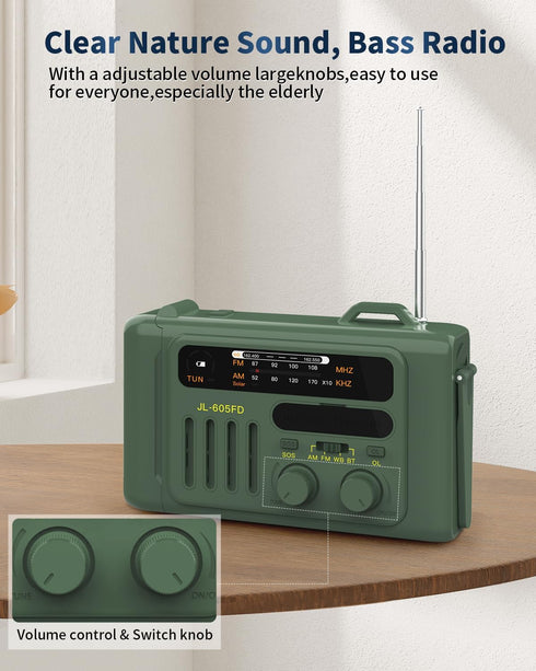 Emergency Weather Radio, 8000mAh Hand Crank Radio, Solar AM/FM/NOAA Portable Radio with Bluetooth Speaker