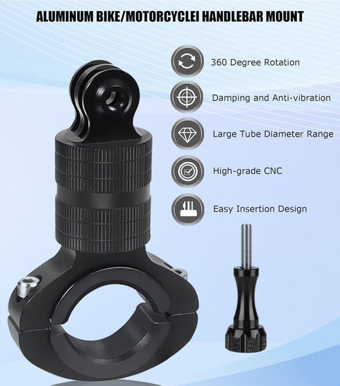 Aluminum Bike/Motorcycle Handlebar Mount for GoPro, AKASO Campark and Other Action Cameras, 360 Degrees Rotary Motorcycle Camera Mount Upgrade