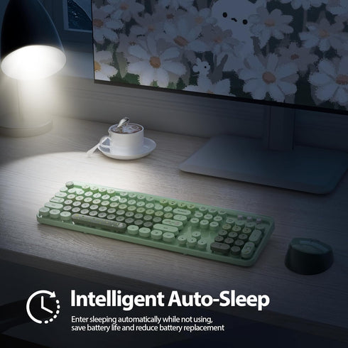 Fogruaden Green Keyboard and Mouse Wireless, Retro Typewriter Keyboard, 2.4GHz 104 Keys Full Size Cute Keyboard