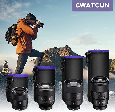 Cwatcun 4 Pack Lens Pouch Set, Camera Lens Case Bag with Thick Protective Neoprene for Canon Nikon Sony Pentax Olympus