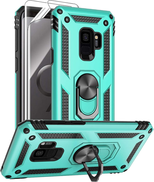 Androgate Samsung Galaxy S9 Case - Military-Grade Metal Ring Holder Kickstand, Shockproof Cover, Green