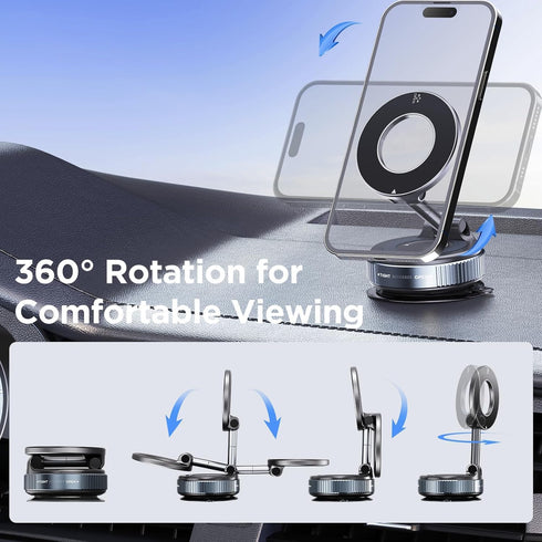 PoseStar London 360 Vacuum Magnetic Car Phone Holder - Foldable Phone Mount with Alloy Support, Strong Suction