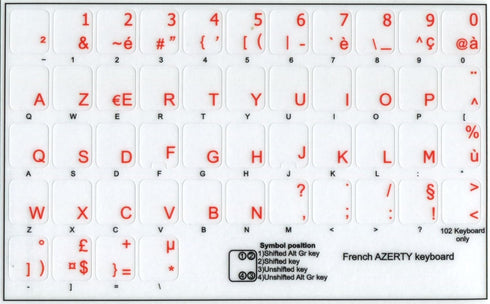 4Keyboard French AZERTY Keyboard Decals ON Transparent Background with Blue, Black, Green, RED, White OR Yellow