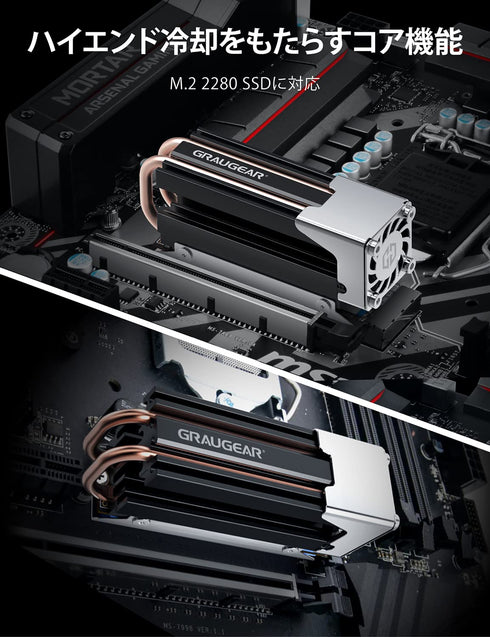 GRAUGEAR M.2 2280 SSD Heatsink, Dual Copper Heat Pipes, 25mm Cooling Fan with PWM Control, Aluminum Plate-Fin Design,