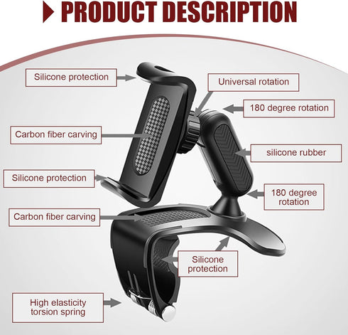 Zosgrew 360 Car Dashboard Phone Holder, Degree Rotation Dashboard Cellphone Mount, Multifunctional Sun Visor Rearview