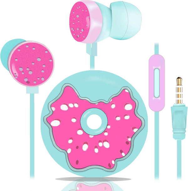 Cute Donut Earbuds for Kids, Wired Earbud & in-Ear Headphones with Microphone, Lovely Storage Case, Sky Blue