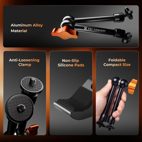 K&F CONCEPT 9.8" 1/4" 3/8" 360 Magic Arm Clamp Kit with & Thread Screw Ball Heads Articulating Magic Arm Camera Mount