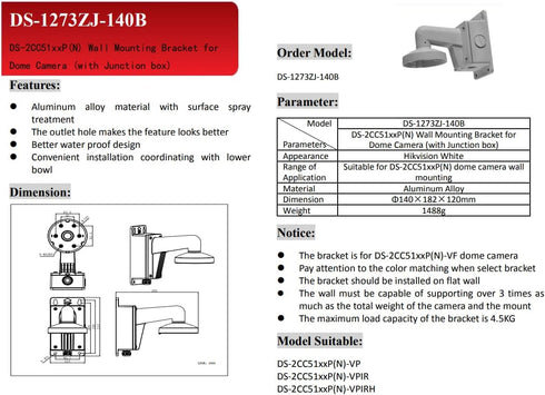 WMS WML DS-1273ZJ-140B PC140B PT6 Outdoor Indoor Wall Mount Bracket for Hikvision Dome Camera, White