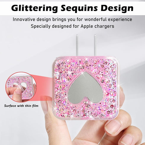 DIY Cable Protector for Apple iPhone Charger, Cute Glitter Bling Love Heart Design, USB Case Wire Cable Saver, Pink