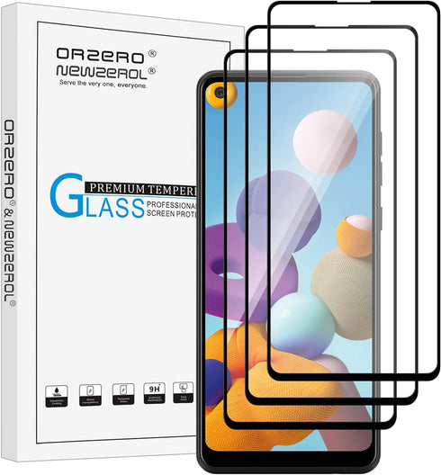Orzero (3 Pack) Tempered Glass Screen Protector for Samsung Galaxy A21s, Full Adhesive, 2.5D Arc Edges, HD Anti-Scratch