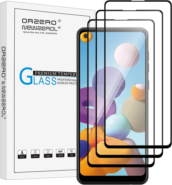 Orzero (3 Pack) Tempered Glass Screen Protector for Samsung Galaxy A21s, Full Adhesive, 2.5D Arc Edges, HD Anti-Scratch
