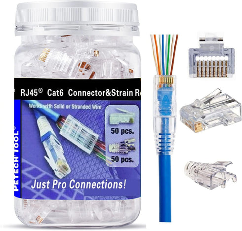PETECHTOOL RJ45 CAT6 Pass Through Connectors, Gold Plated 8P8C Plugs and Strain Relief, 50x CAT6 Plug + 50x Strain