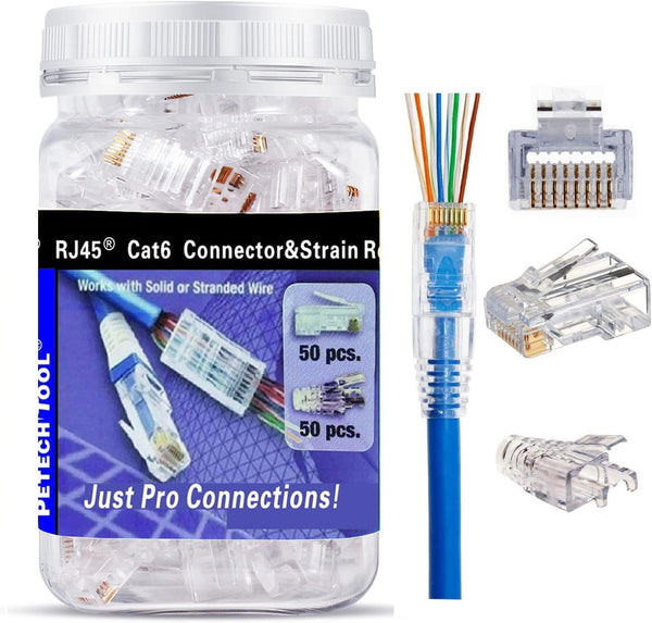 PETECHTOOL RJ45 CAT6 Pass Through Connectors, Gold Plated 8P8C Plugs and Strain Relief, 50x CAT6 Plug + 50x Strain