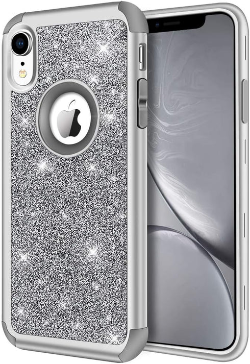 Hython Heavy Duty iPhone XR Case, Full-Body Defender Protective Bling Glitter Armor Hybrid Shockproof Cover, Gray