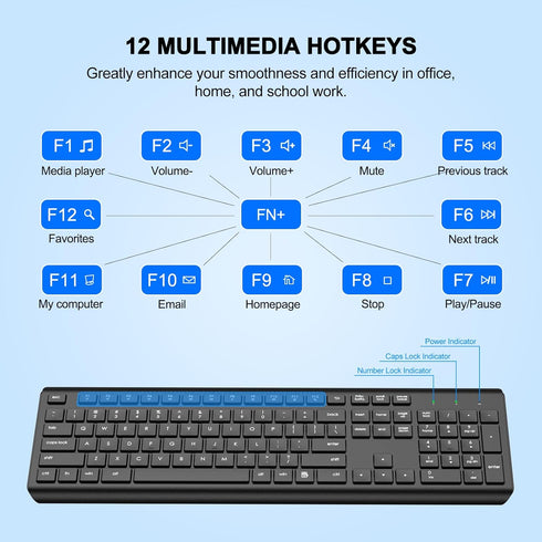 EDJO 2.4G Wireless Keyboard, Full-Sized Cordless USB Silent Computer Keyboard, Ergonomic Tilt Angle, Sleep Mode, Long