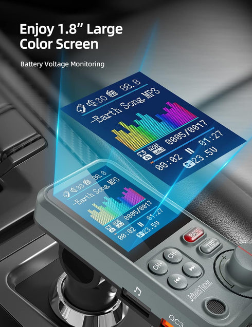 Nulaxy FM Bluetooth Transmitter for Car, Strong Microphone Bluetooth Adapter with 1.8" Color Screen for Hands-Free