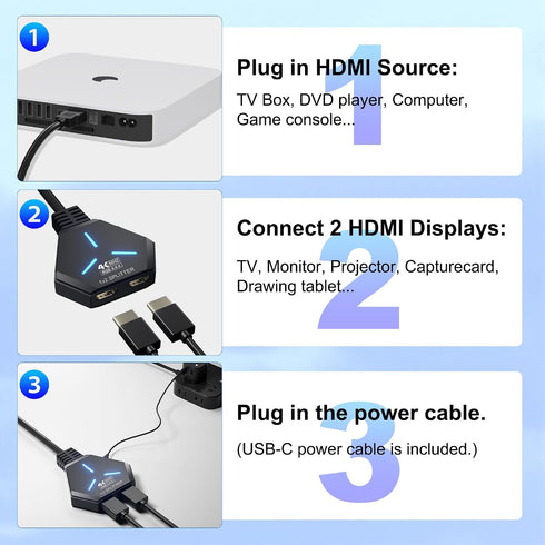 AUKOKIOULA 1 2 4K@60hz 1080P, 3D, PS4, PS5, HDMI Splitter in Out Duplicate/Mirror (Not Extend), HDMI Splitter for Dual