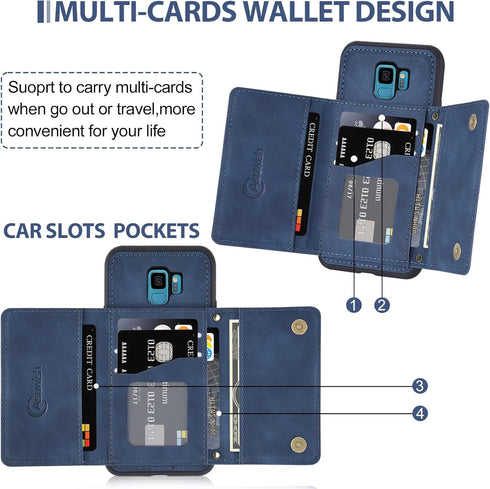 Asuwish Samsung Galaxy S9 Wallet Case with Tempered Glass, PU Leather, Credit Card Holder, Rugged Stand, Blue.