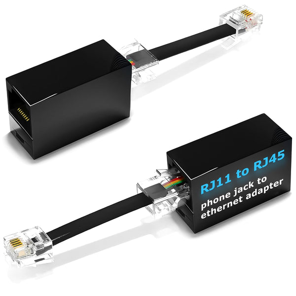 2-Pack RJ11 to RJ45 Adapter, Phone Line to Ethernet for Landline, Fax, DSL Modem Connection (Black, Made in USA)