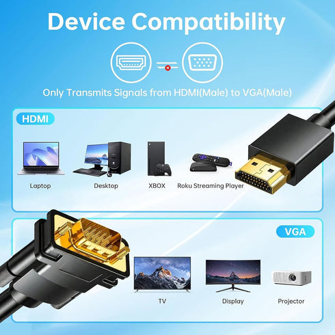 6FT, 1080P@60Hz HDMI to VGA Cable Uni-Directional HDMI to VGA Adapter Cable Male to Male Video Cord Compatible