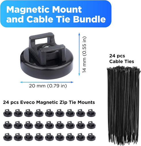 Eveco 24 24 Magnetic Zip Tie Mount Wire Holder - Magnetic Holders with Cable Ties Magnet Clips for Multipurpose Cable