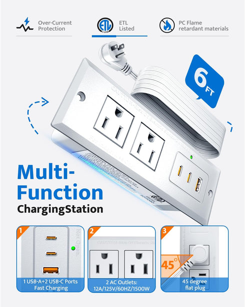 DOACE 20W 6ft 45 Recessed Power Strip with USB C Port, Fast Charging USB A Port Conference Recessed Outlet, Space-Saver