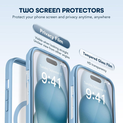 TIESZEN Sky Blue Magnetic iPhone 15 Case: Magsafe compatible, dustproof, 9H tempered glass, privacy protector, upgraded