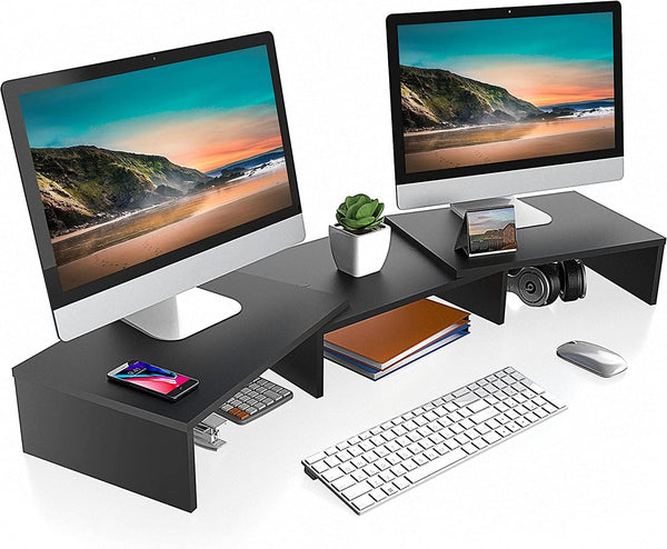FITUEYES Dual Monitor Stand - 3 Shelf Computer Monitor Riser, Adjustable Wood Desktop Stand for Office Supplies, Medium