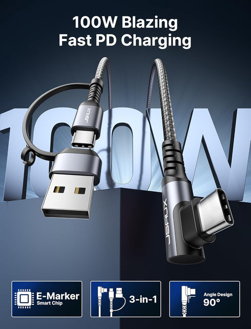 JSAUX 100W USB C Cable, 2-Pack 10FT Right Angle USB-C Fast Cable Compatible with iPhone 15/Samsung Series, iPad,
