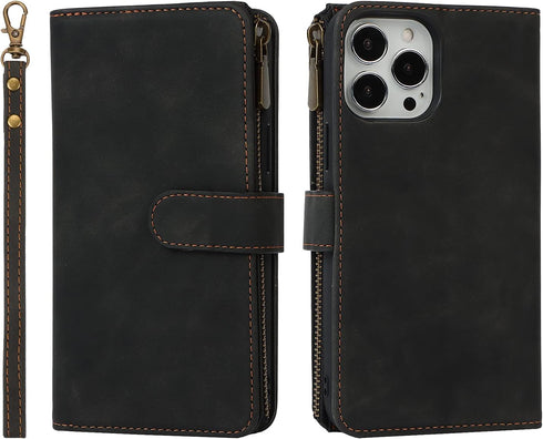 iCoverCase Wallet Phone Case for iPhone 13 Pro, PU Leather Zipper Pocket with Card Holder and Wrist Strap (Black)