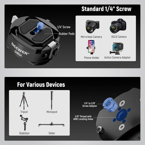 Neewer GM34 Camera Quick Release Plate Kit, Auto Lock Square QR Mount Plate with Arca Type Clamp Base