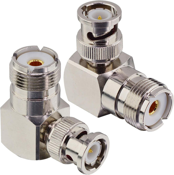 Boobrie L Shape UHF to BNC Connector, BNC Male to UHF Female Right Angle Coax Adapter for CB Ham Radio (2-Pack)
