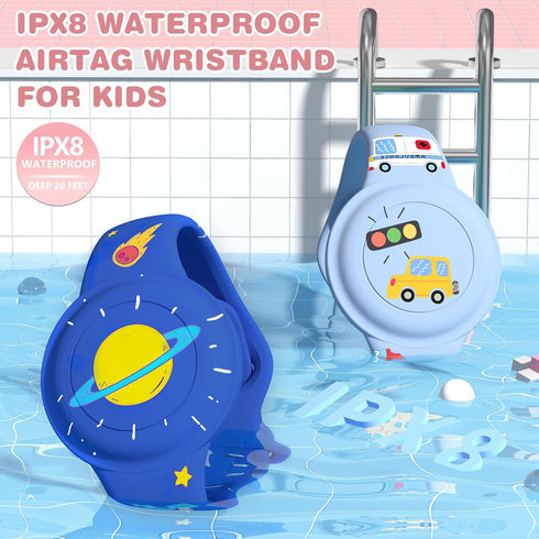 Waterproof AirTag Bracelet for Kids, Cute Cartoon Holder in Soft Silicone for Apple GPS Tracker - Navy Blue Planet