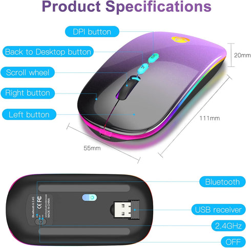LED Wireless Mouse, Bluetooth & 2.4GHz Connection, Rechargeable Ultra Silent Slim Design, USB-C Adapter (Black-purple)
