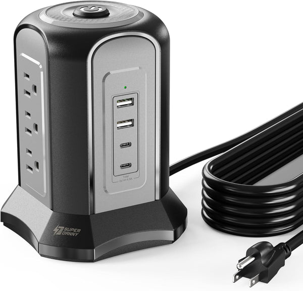 SUPERDANNY Power Strip Tower Surge Protector, Black Desktop Charging Station with 10 Ft Extension Cord, 9 Outlets